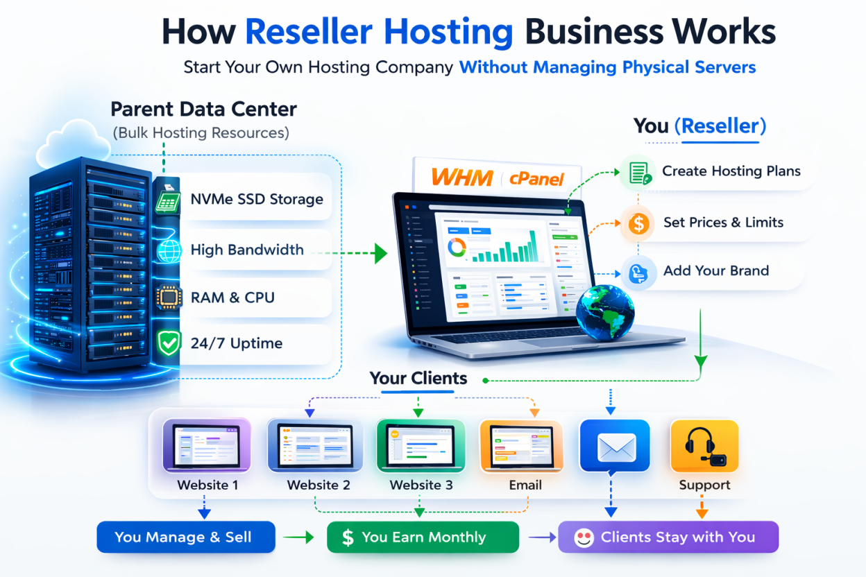 Reseller Hosting is one of the most scalable and sustainable business models in the digital age. By acting as a specialized "digital landlord," you can build predictable, recurring revenue while providing a high-value service to businesses that are moving online.