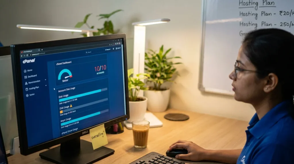 cPanel dashboard showing account limit warning for reseller hosting plan in India.