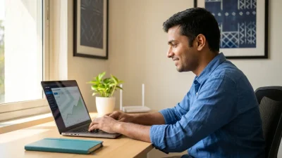 Indian entrepreneur reviewing reseller hosting profit margins on laptop in modern home office.