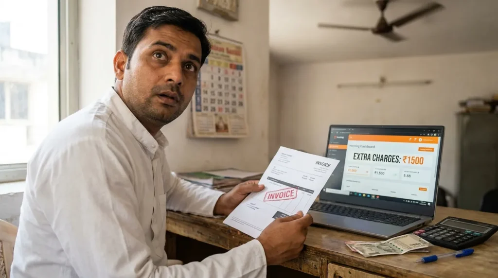 Small business owner shocked by hidden fees on reseller hosting invoice in Delhi office.