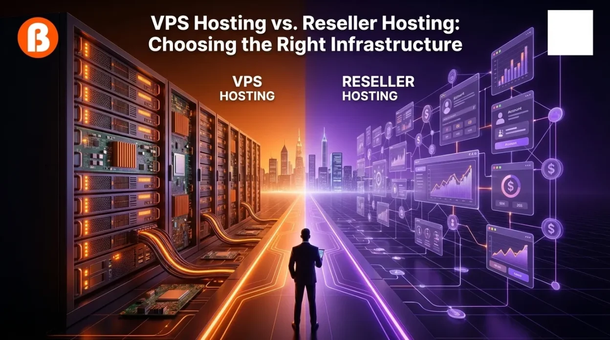 Visually split into two distinct, high-tech halves to illustrate "VPS Hosting" versus "Reseller Hosting