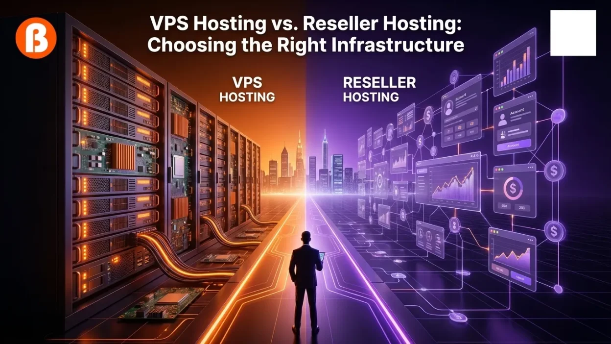 Visually split into two distinct, high-tech halves to illustrate "VPS Hosting" versus "Reseller Hosting