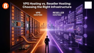 Visually split into two distinct, high-tech halves to illustrate "VPS Hosting" versus "Reseller Hosting