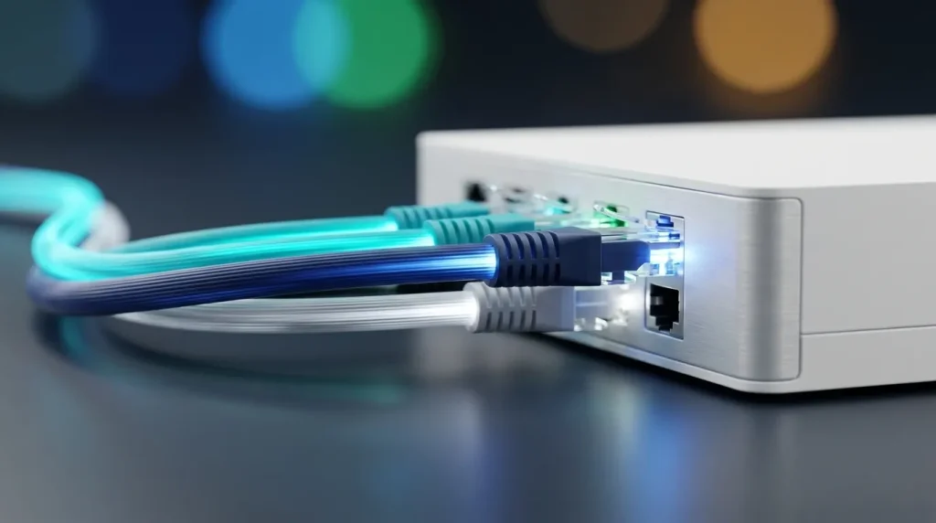 Glowing fiber optic cables representing parent host reseller and end-user connection in India.