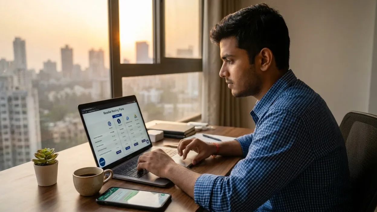 Indian freelance web designer comparing reseller hosting price in India on laptop with Rupee plans.