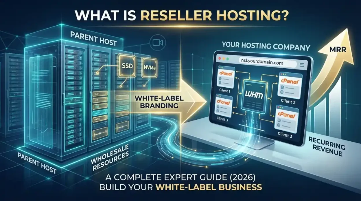 Digital illustration explaining what reseller hosting is, showing how a white-label business buys wholesale server resources from a parent host and manages retail clients using WHM and cPanel.