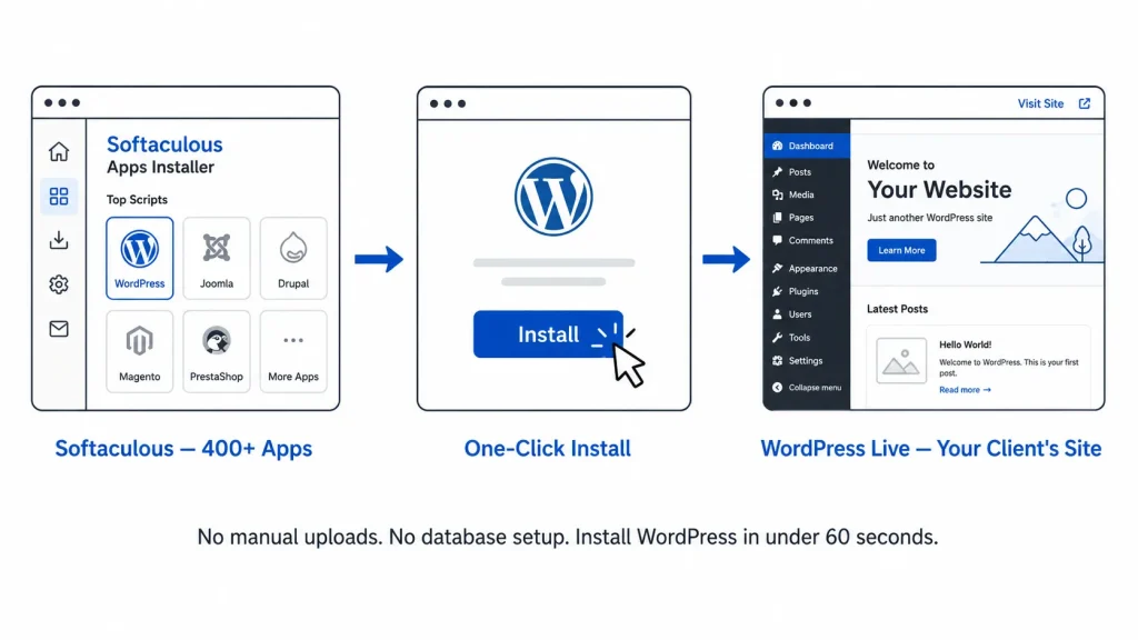 One-click WordPress installation workflow using Softaculous Apps Installer and WordPress dashboard setup.
