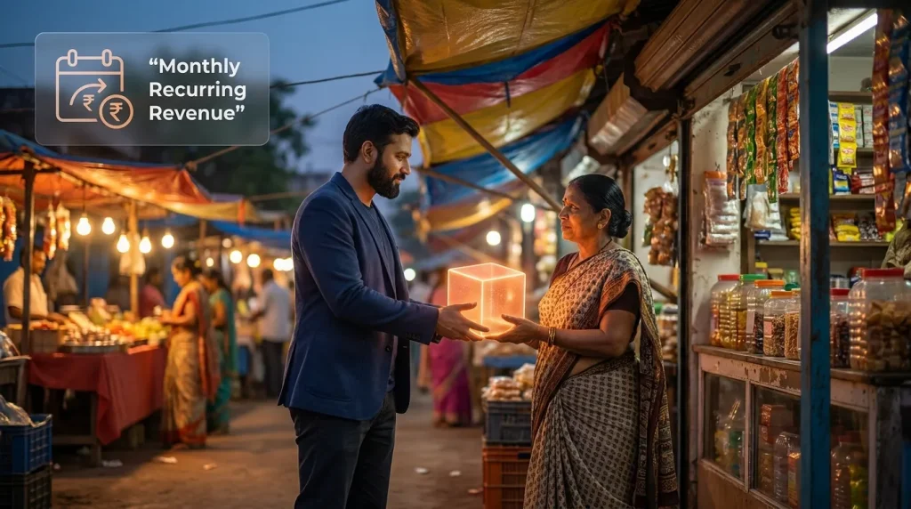 Indian entrepreneur handing a digital web hosting package to a local shopkeeper in a vibrant Indian market, illustrating recurring revenue and white-label reseller hosting business