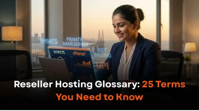 Indian female web developer reviewing a reseller hosting glossary dashboard with WHM, cPanel, WHMCS terms floating in a modern Mumbai workspace — BISUP hosting brand