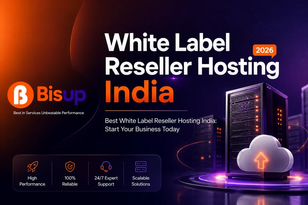 White label reseller hosting in India with servers, glowing dashboard, and hosting business branding.