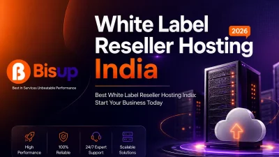 White label reseller hosting in India with servers, glowing dashboard, and hosting business branding.