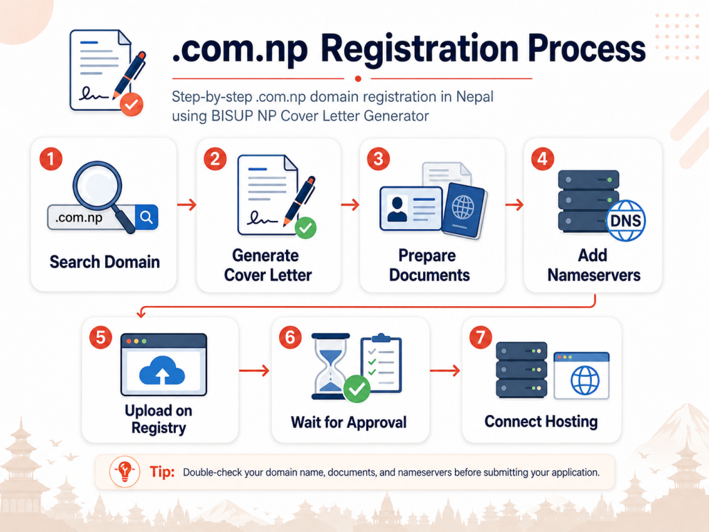 Step-by-step .com.np domain registration process in Nepal using BISUP NP Cover Letter Generator.