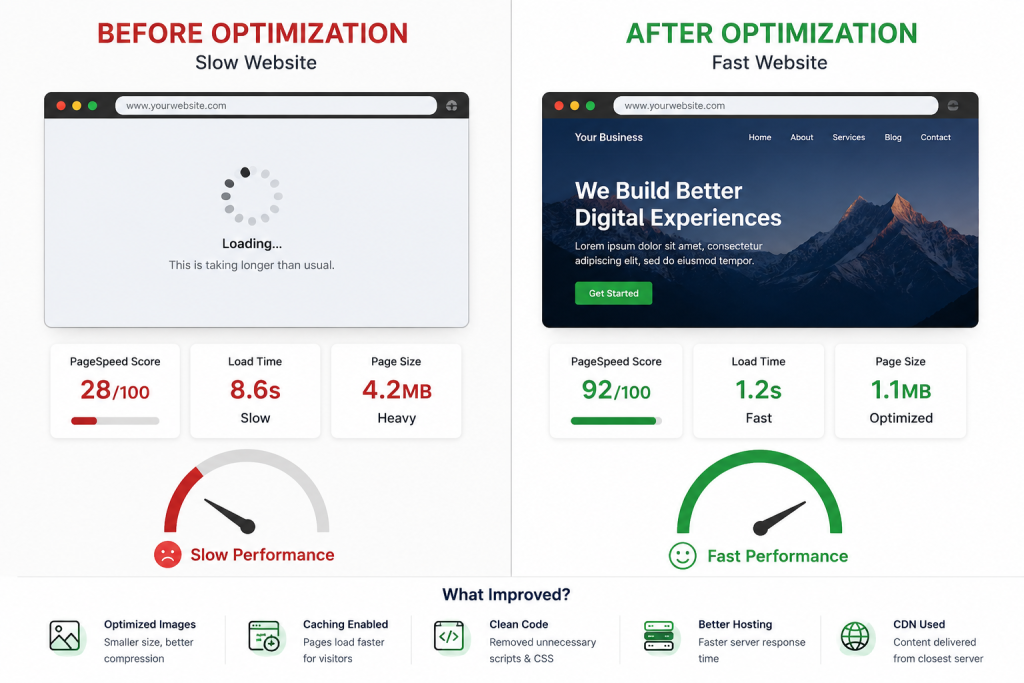 Website speed optimization before and after comparison showing slow and fast website performance