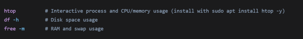 htop          # Interactive process and CPU/memory usage (install with sudo apt install htop -y)

df -h         # Disk space usage

free -m       # RAM and swap usage