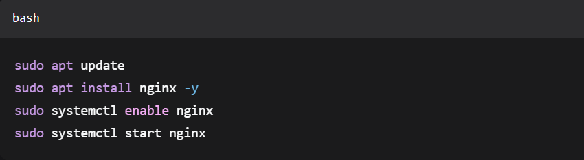 sudo apt update

sudo apt install nginx -y

sudo systemctl enable nginx

sudo systemctl start nginx