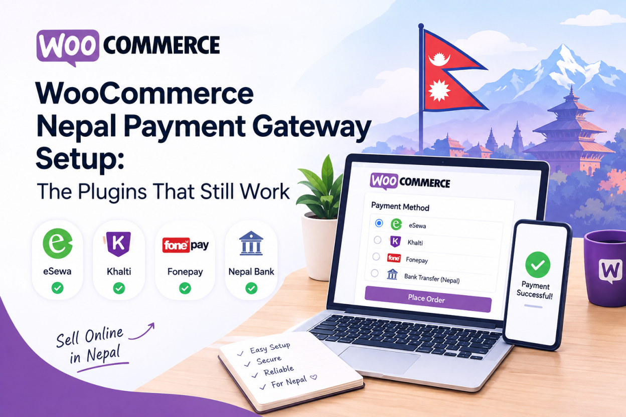 WooCommerce Nepal payment gateway setup showing eSewa, Khalti, Fonepay, and Nepal bank payment options on a checkout screen.