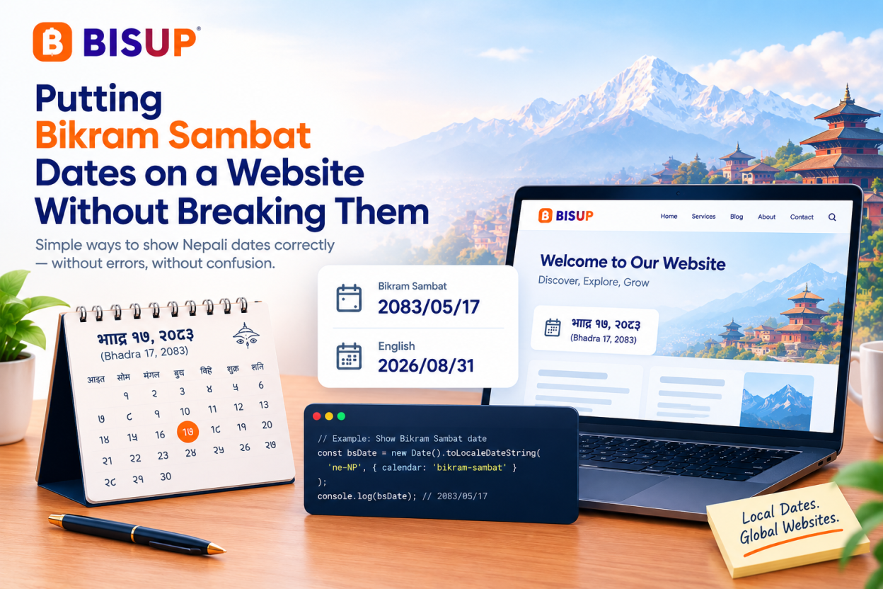 BISUP blog graphic showing how to display Bikram Sambat dates correctly on a website using a Nepali calendar, website interface, and code.