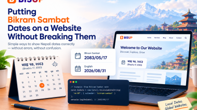 BISUP blog graphic showing how to display Bikram Sambat dates correctly on a website using a Nepali calendar, website interface, and code.