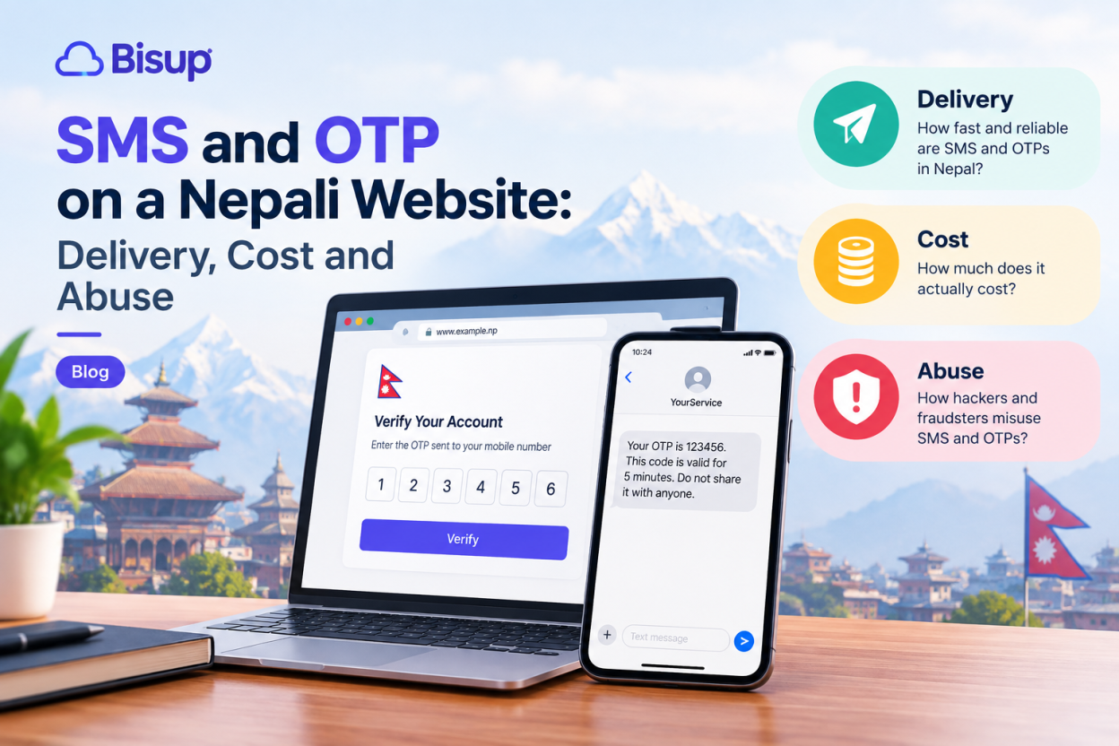 SMS and OTP verification on a Nepali website showing OTP delivery, cost, and security risks.