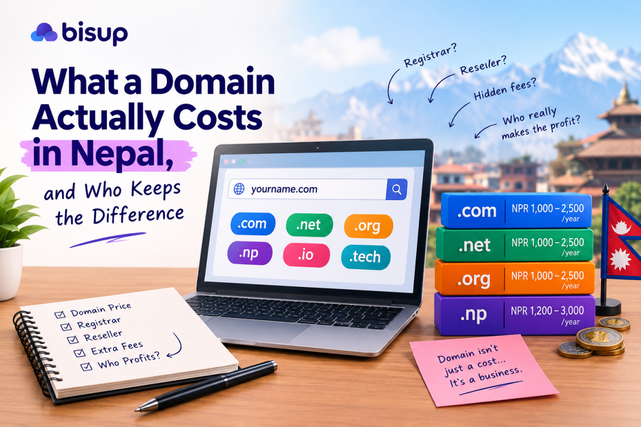Domain pricing in Nepal showing website domain extensions, NPR costs, registrars, resellers, and additional fees