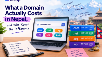 Domain pricing in Nepal showing website domain extensions, NPR costs, registrars, resellers, and additional fees