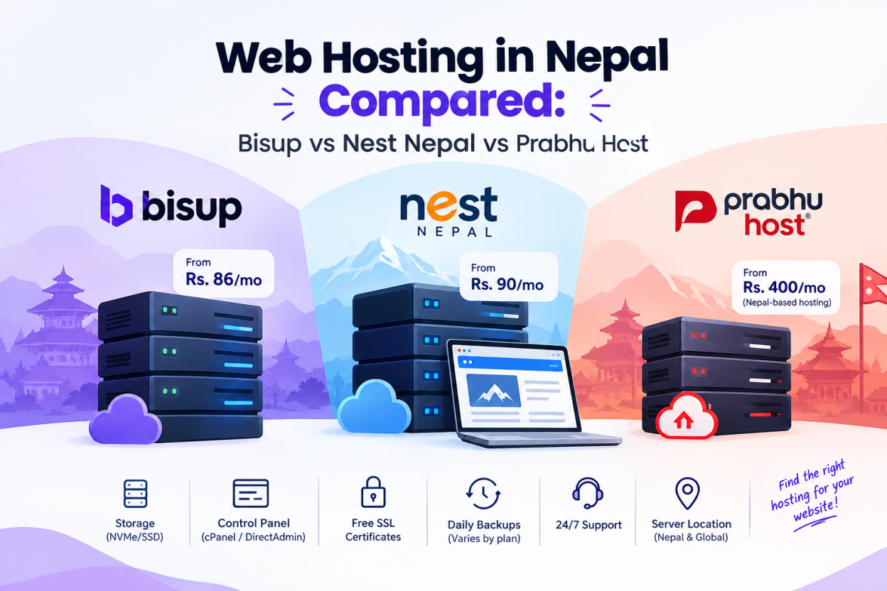 Web hosting in Nepal comparison featuring Bisup, Nest Nepal, and Prabhu Host with servers, pricing, and hosting features.