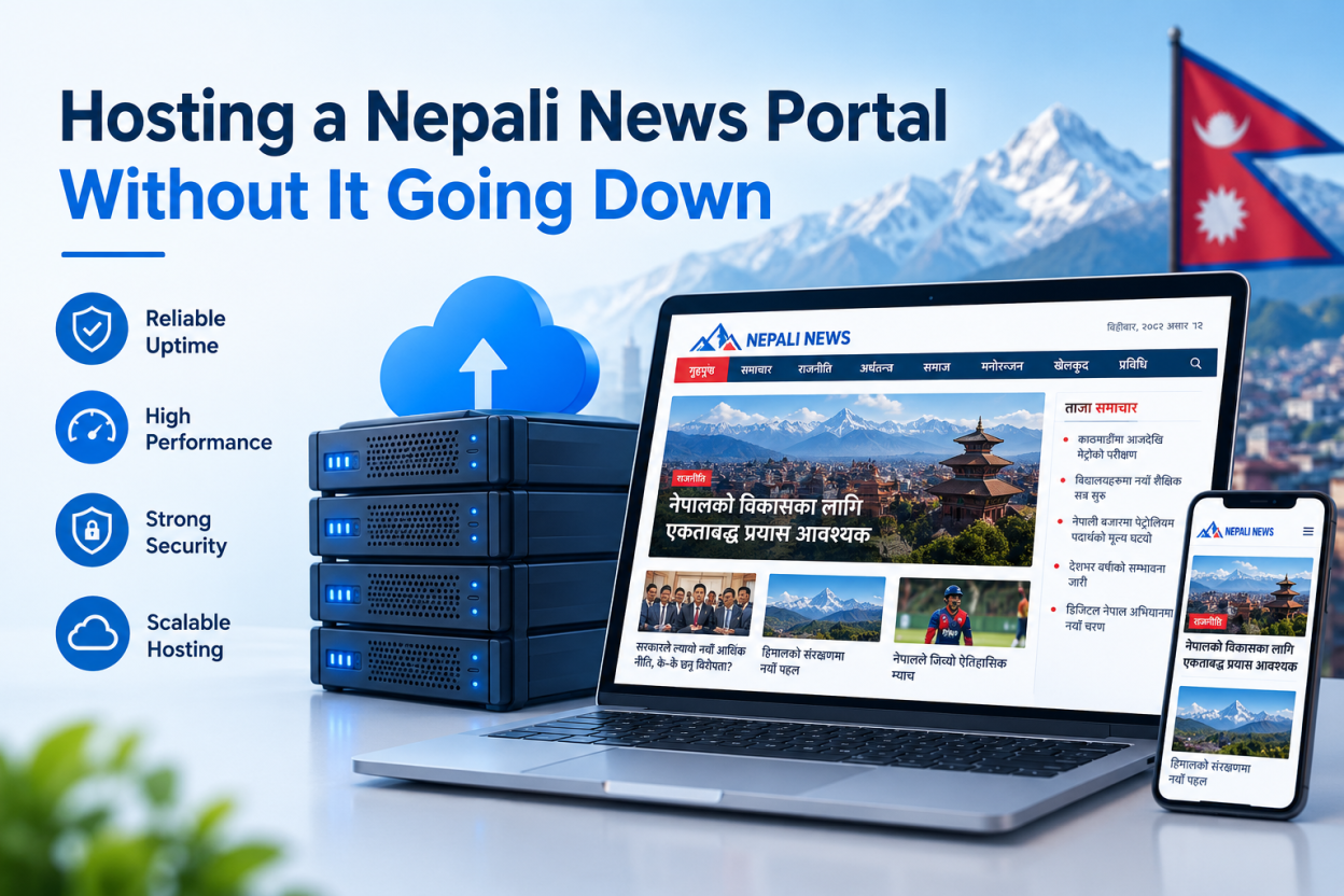 Hosting a Nepali news portal with reliable servers, high performance, strong security, and scalable hosting
