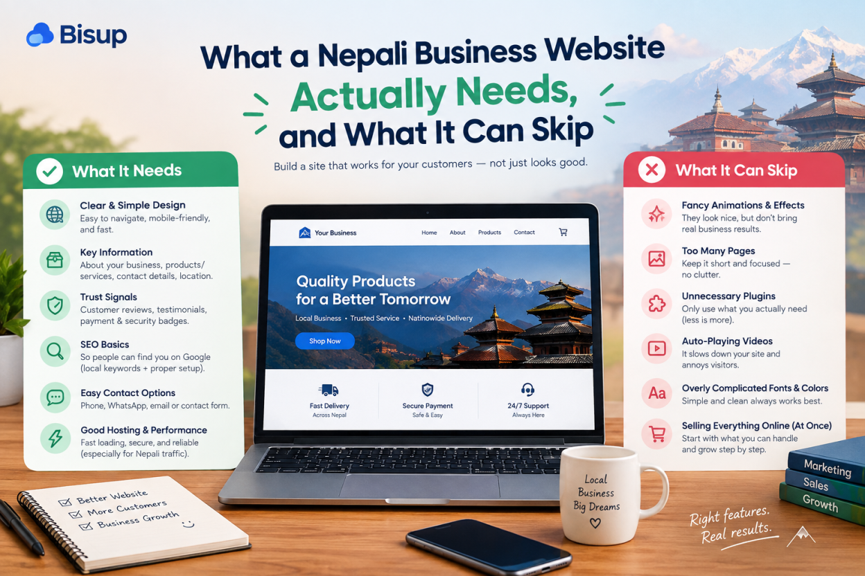 Nepali business website showing essential features such as simple design, SEO, contact options, security, and reliable hosting alongside unnecessary website features.