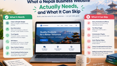 Nepali business website showing essential features such as simple design, SEO, contact options, security, and reliable hosting alongside unnecessary website features.