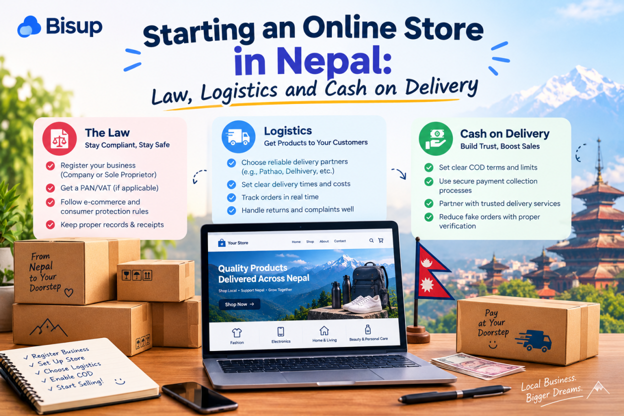 Online store in Nepal showing legal requirements, delivery logistics, and cash on delivery for e-commerce businesses.