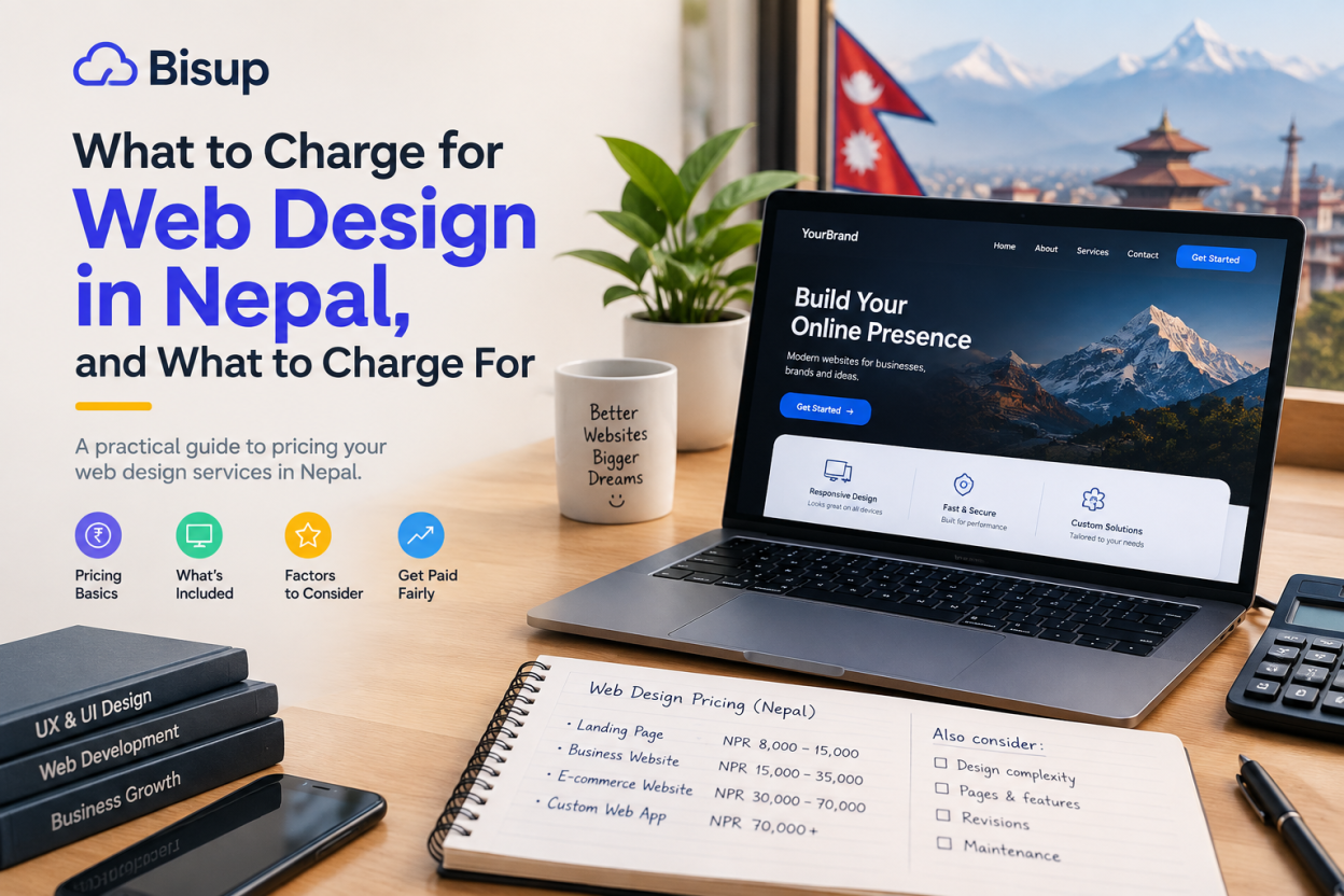 Professional web design pricing guide for businesses and freelancers in Nepal, featuring a laptop website, pricing notebook, calculator, and Nepal-inspired background.