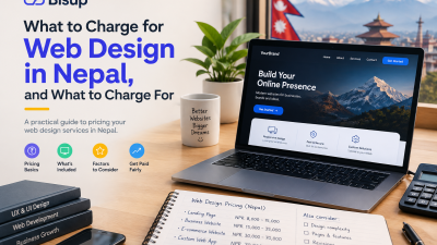 Professional web design pricing guide for businesses and freelancers in Nepal, featuring a laptop website, pricing notebook, calculator, and Nepal-inspired background.