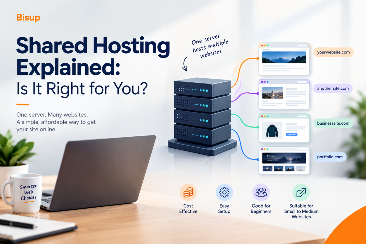 Professional illustration showing a shared hosting server powering multiple websites