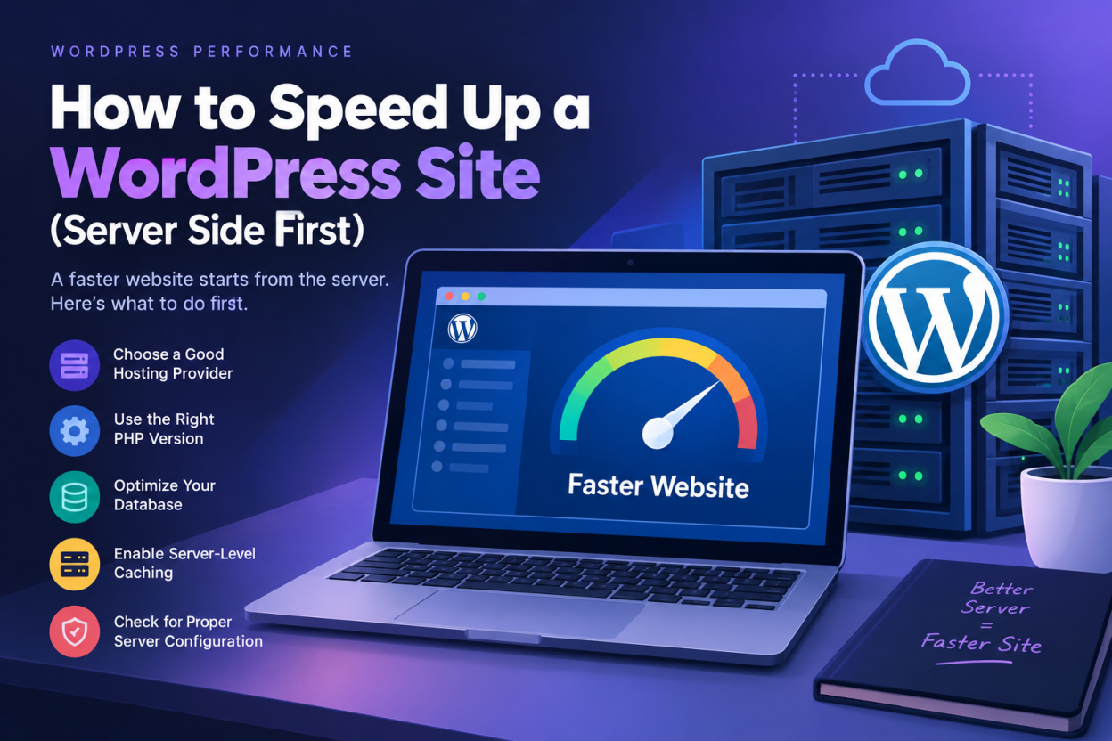 How to speed up a WordPress site using server-side optimization, caching, PHP, hosting, and database improvements.