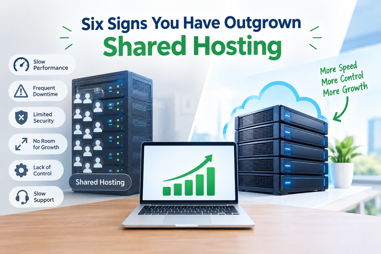 Six signs you have outgrown shared hosting, showing slow performance, downtime, limited security, and the need for better hosting.