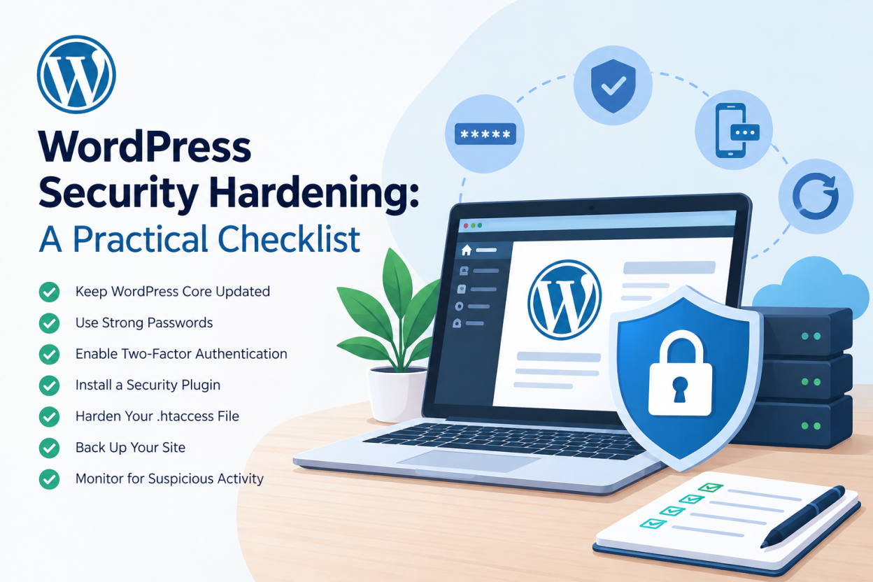 WordPress security hardening checklist with a laptop, security shield, lock, and server protection icons
