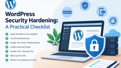 WordPress security hardening checklist with a laptop, security shield, lock, and server protection icons