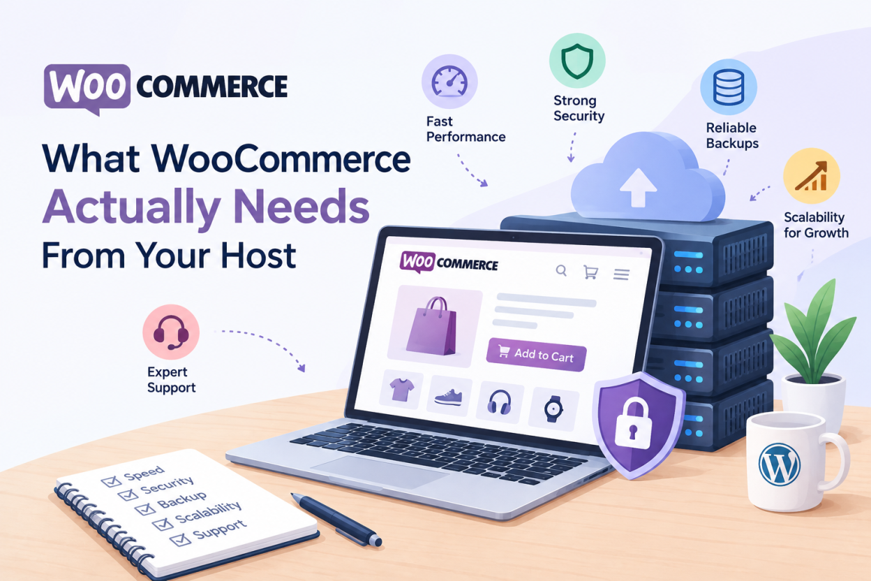 WooCommerce hosting requirements shown with a laptop, servers, security shield, backups, performance, scalability, and support icons