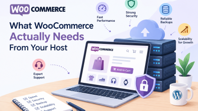 WooCommerce hosting requirements shown with a laptop, servers, security shield, backups, performance, scalability, and support icons